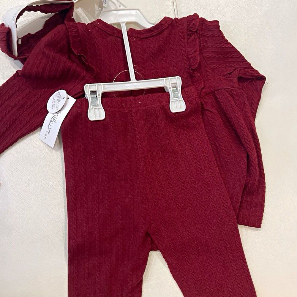 Mini Bean Burgundy Knit 3pc Girls Outfit Set 3 Months Long Sleeve Bow